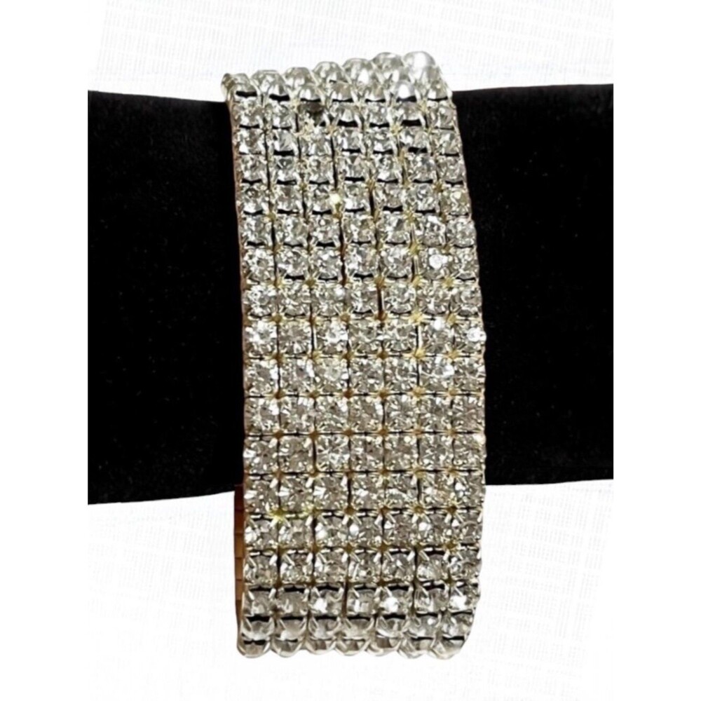 Rhinestone Stretch Bracelet Bangle Silver Tone Glam Bling Evening 1" Prong Set